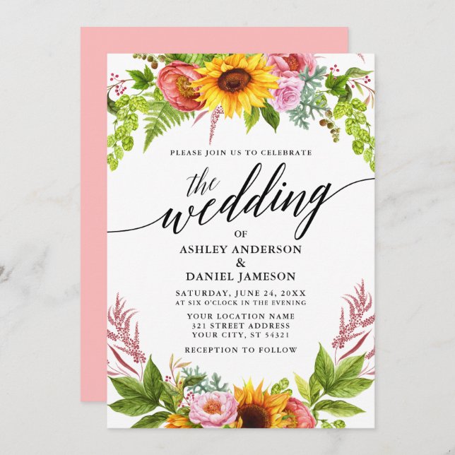 Wedding Calligraphy Sunflower Floral Invitation (Front/Back)