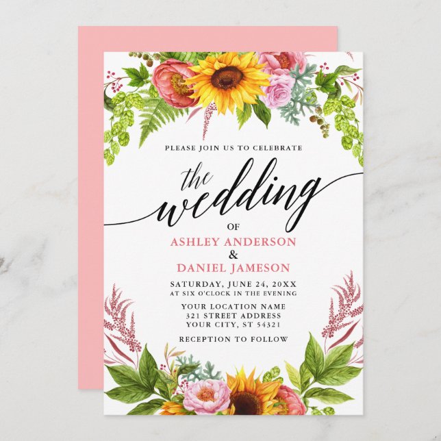Wedding Calligraphy Sunflower Floral Pink Invitation (Front/Back)