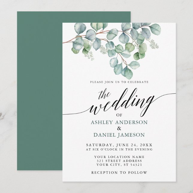 Wedding Calligraphy Watercolor Eucalyptus Greenery Invitation (Front/Back)