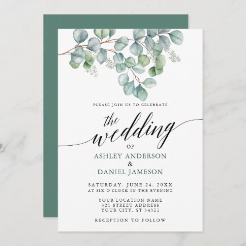 Wedding Calligraphy Watercolor Eucalyptus Greenery Invitation