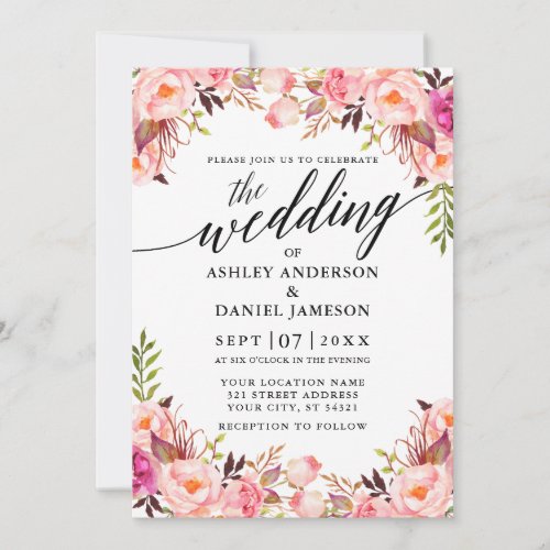 Wedding Calligraphy Watercolor Pink Blush Floral Invitation