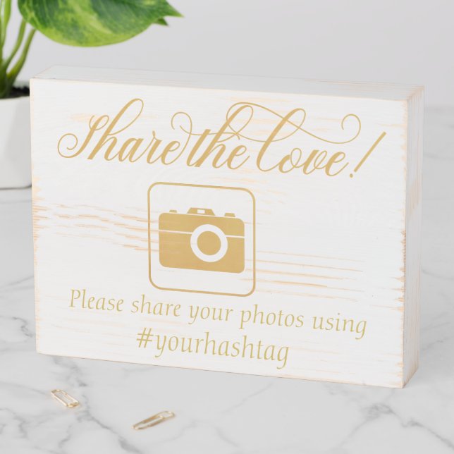 Wedding Camera Share the Love Gold Handwritten Wooden Box Sign (In Situ Horizontal)