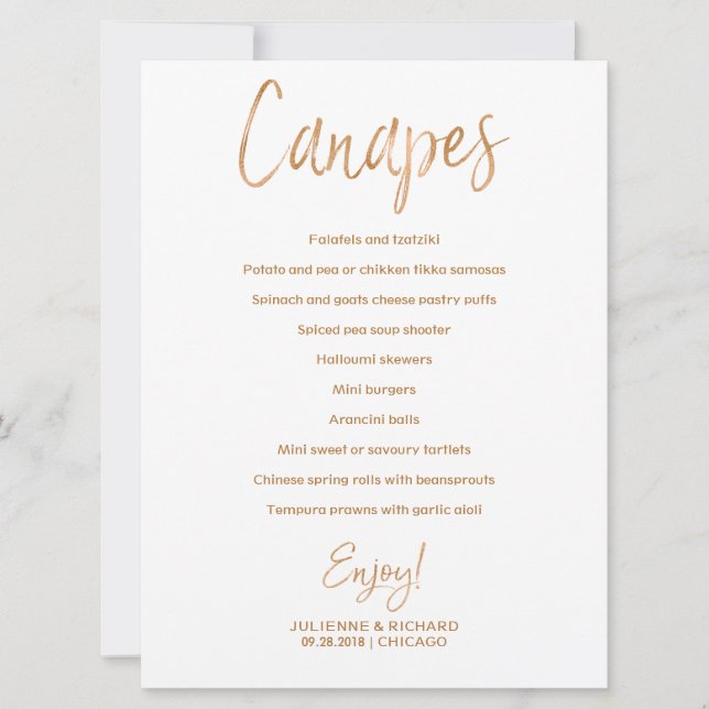 Wedding Canapes Menu | Stylish Gold Rose Lettered Invitation (Front)
