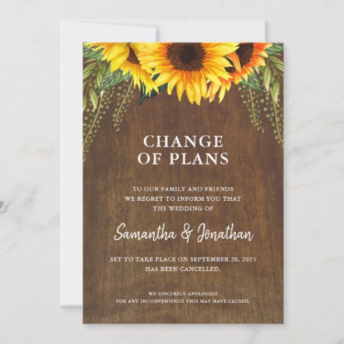 Wedding Cancelled or Postponed Rustic Sunflower Announcement