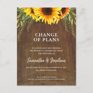 Wedding Cancelled Rustic Sunflower Announcement Postcard