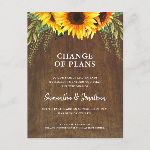 Wedding Cancelled Rustic Sunflower Announcement Postcard