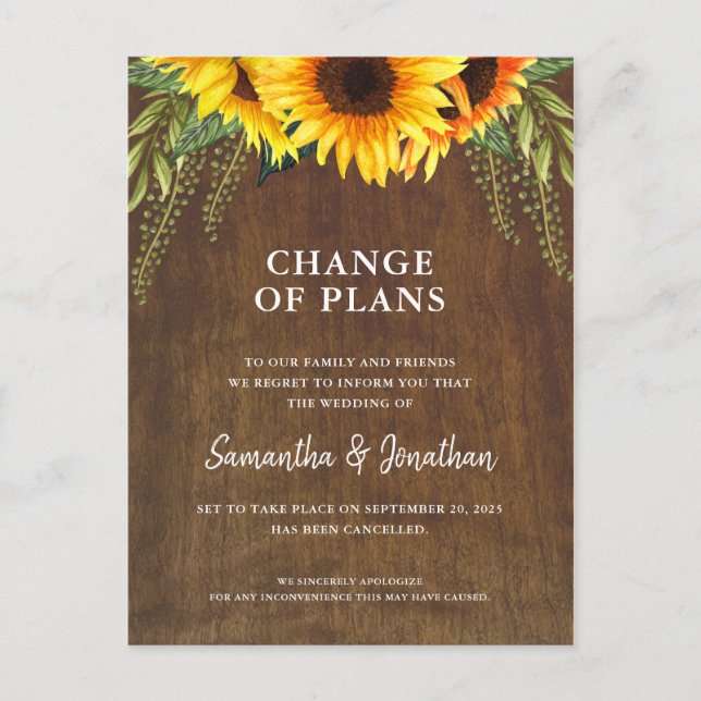 Wedding Cancelled Rustic Sunflower Announcement Postcard (Front)