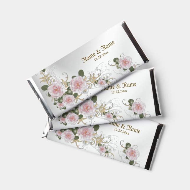 Wedding Candy Party Name Pink Floral Silver Gray Hershey Bar Favors (Front)