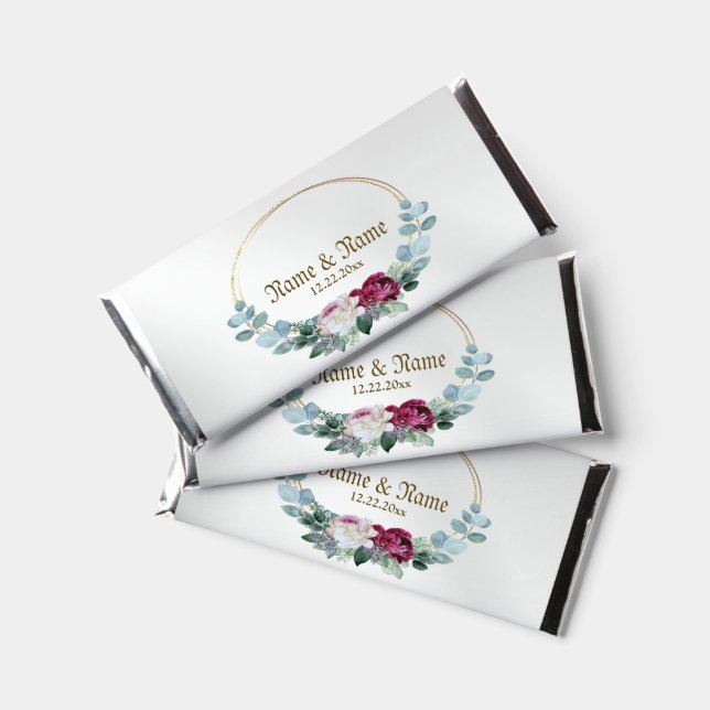 Wedding Candy Party Name Pink Red Floral Greenery Hershey Bar Favors (Front)