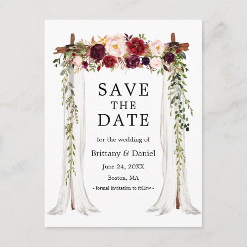 Wedding Canopy Arch Watercolor Burgundy Floral Announcement Postcard