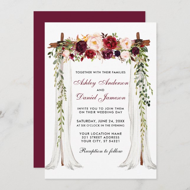 Wedding Canopy Arch Watercolor Burgundy Floral Invitation (Front/Back)