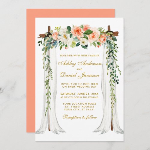 Wedding Canopy Arch Watercolor Coral Floral Gold Invitation