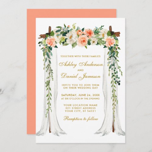 Wedding Canopy Arch Watercolor Floral Coral Gold Invitation