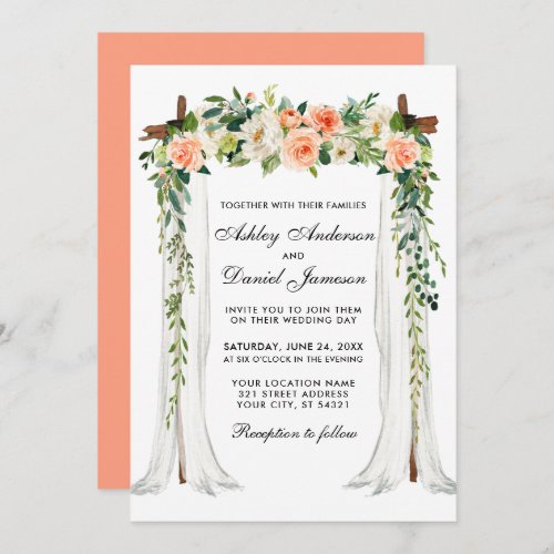 Wedding Canopy Arch Watercolor Floral Coral Invitation