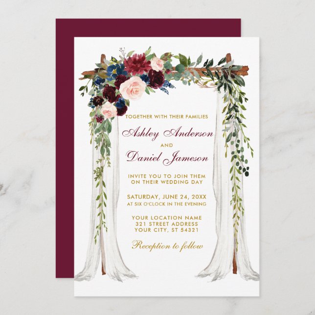 Wedding Canopy Arch Watercolor Floral Gold Invitation (Front/Back)