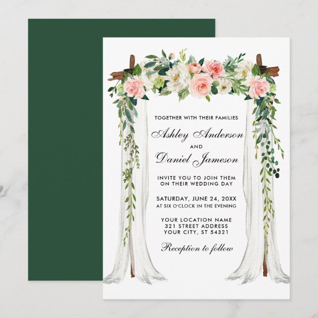 Wedding Canopy Arch Watercolor Floral Pink Green Invitation (Front/Back)