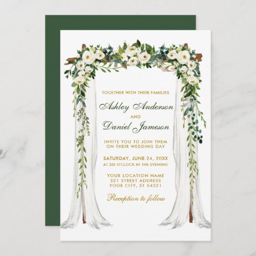 Wedding Canopy Arch Watercolor Green Floral Gold Invitation