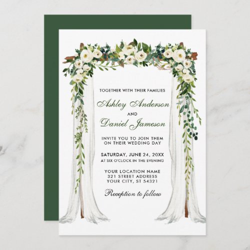 Wedding Canopy Arch Watercolor Green White Floral Invitation