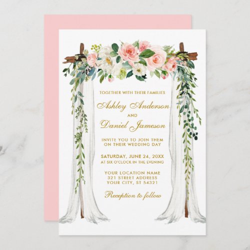 Wedding Canopy Arch Watercolor Pink Floral Gold Invitation