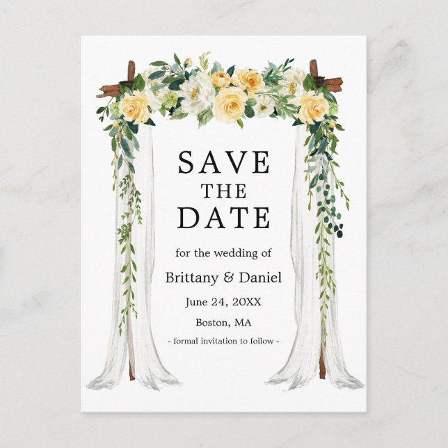Wedding Canopy Arch Watercolor Yellow Floral Announcement Postcard (Front)
