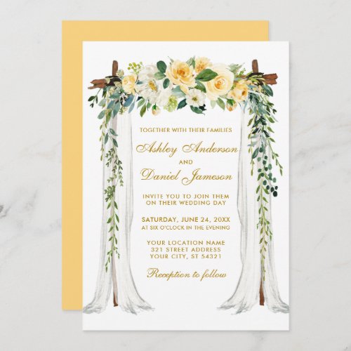Wedding Canopy Arch Watercolor Yellow Floral Gold Invitation