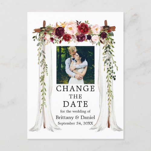 Wedding Canopy Burgundy Floral Change The Date Postcard