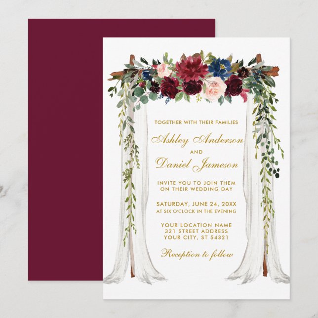 Wedding Canopy Gold Watercolor Floral Arch Invitation (Front/Back)