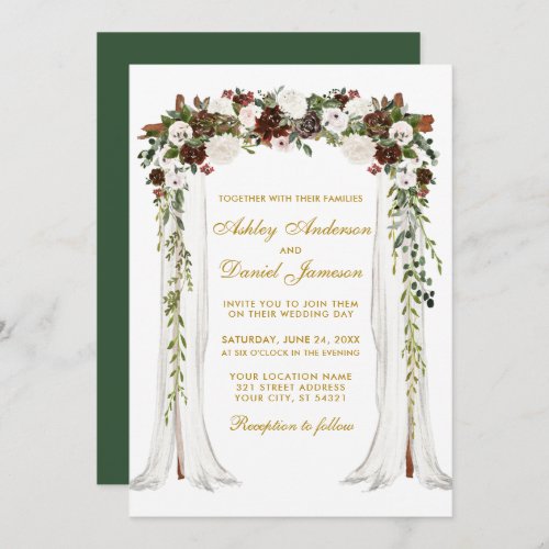 Wedding Canopy Gold Watercolor Green Forest Floral Invitation