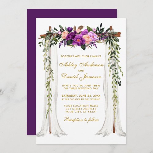 Wedding Canopy Gold Watercolor Purple Floral Invitation