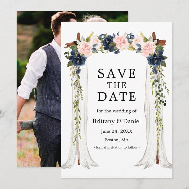 Wedding Canopy Photo Pink Dusty Blue Floral Save The Date (Front/Back)