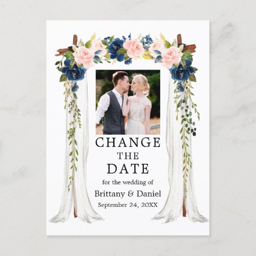 Wedding Canopy Pink Blue Floral Change The Date Postcard