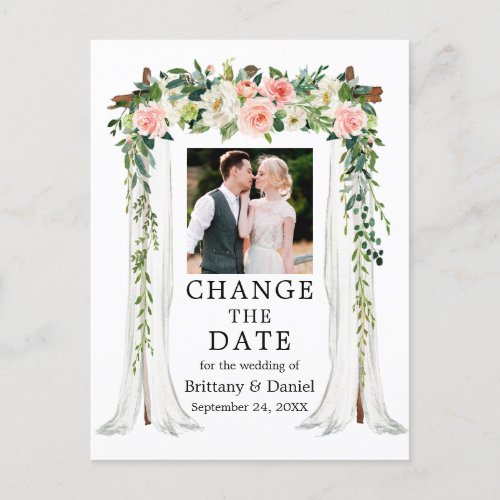 Wedding Canopy Pink White Floral Change The Date Postcard