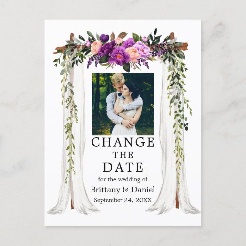 Wedding Canopy Purple Floral Change The Date Postcard