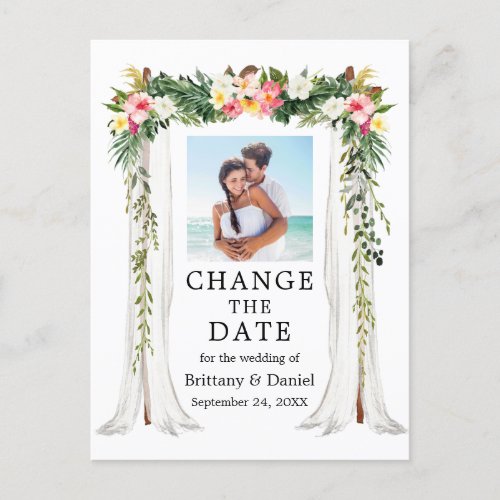 Wedding Canopy Tropical Floral Change The Date Postcard