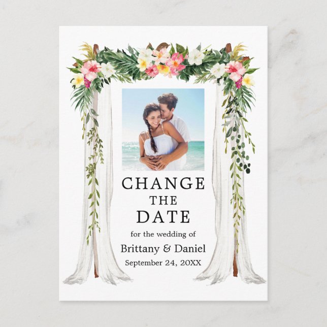Wedding Canopy Tropical Floral Change The Date Postcard (Front)