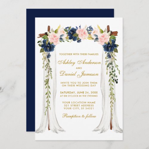 Wedding Canopy Watercolor Blue Pink Floral Gold Invitation