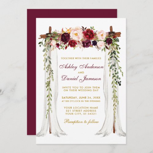Wedding Canopy Watercolor Burgundy Floral Gold Invitation