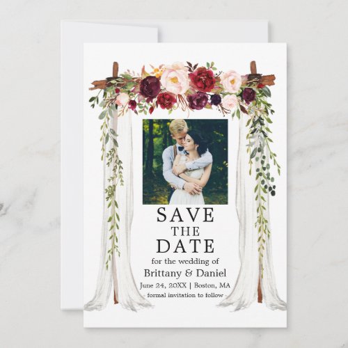 Wedding Canopy Watercolor Burgundy Floral Photo Save The Date