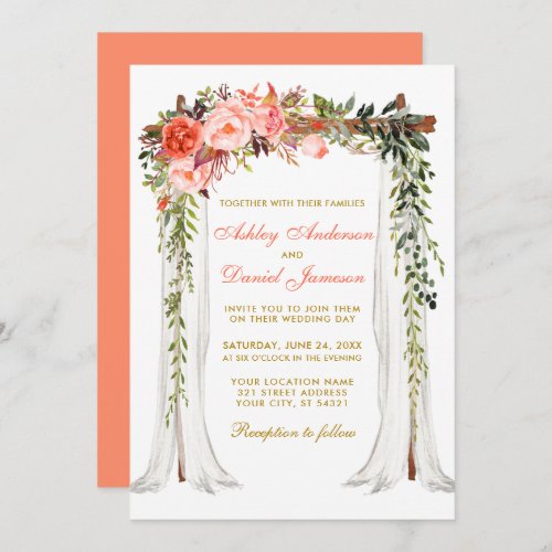 Wedding Canopy Watercolor Coral Floral Gold Invitation