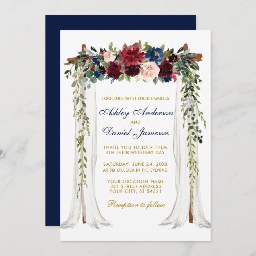 Wedding Canopy Watercolor Floral Arch Blue Gold Invitation