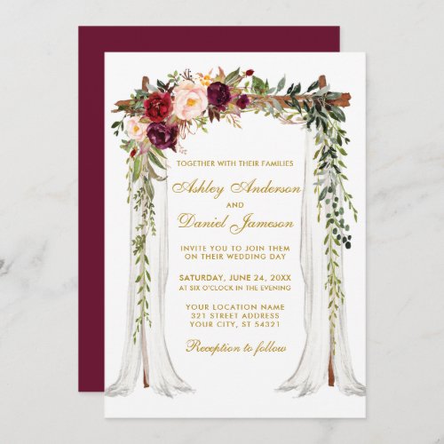 Wedding Canopy Watercolor Floral Gold Burgundy Invitation