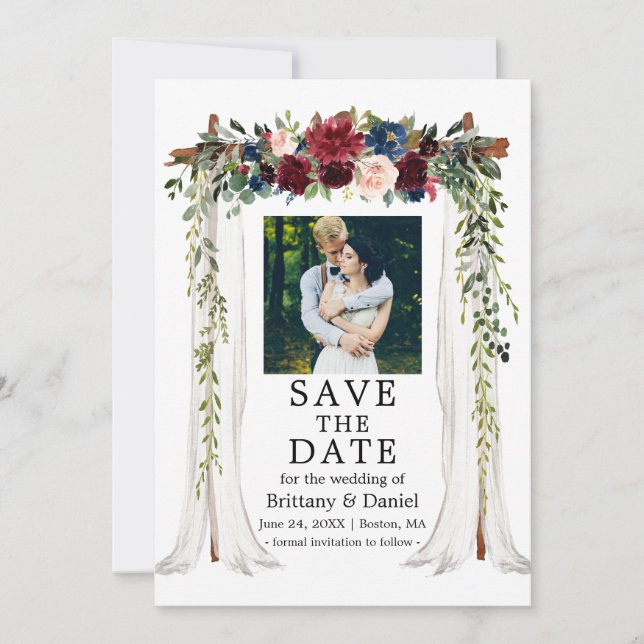 Wedding Canopy Watercolor Floral Photo Save The Date (Front)