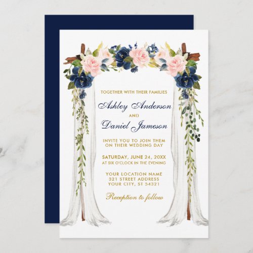 Wedding Canopy Watercolor Floral Pink Blue Gold Invitation