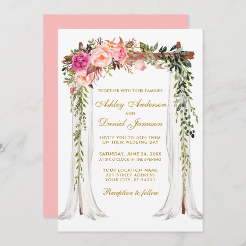 Wedding Canopy Watercolor Floral Pink Blush Gold Invitation