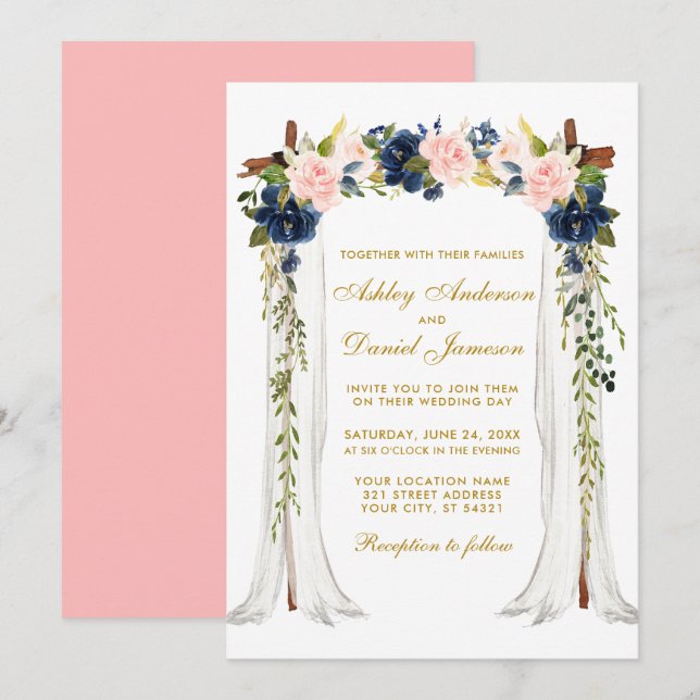 Wedding Canopy Watercolor Pink Blue Floral Gold Invitation (Front/Back)