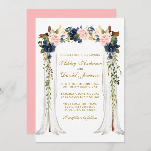 Wedding Canopy Watercolor Pink Blue Floral Gold Invitation