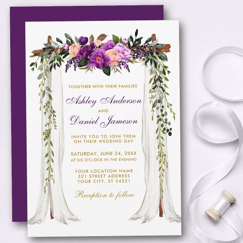 Wedding Canopy Watercolor Purple Floral Gold Invitation