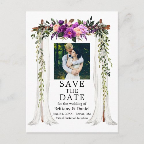 Wedding Canopy Watercolor Purple Floral Photo Announcement Postcard