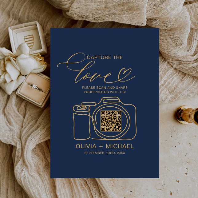 Wedding Capture The Love Navy Blue QR Code Photo Enclosure Card (Creator Uploaded)