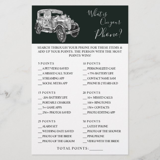 Wedding Car What is on your Phone Shower Game Card Flyer (Front)